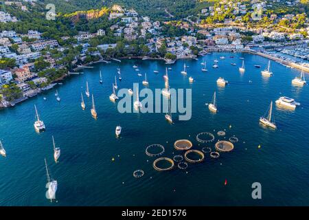 Andratx, Port d'Andratx, port côtier et naturel et fermes piscicoles en aquaculture, Majorque, Iles Baléares, Espagne Banque D'Images