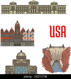 US Boston Museum of Fine Arts, Old Red Museum of Dallas, The First Church of Christ, Scientist, Hoover Dam. Célèbres attractions touristiques populaires des États-Unis. Illustration de Vecteur