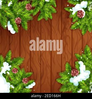 Fond de Noël en bois. Branches vertes de sapin et de pin avec neige et cône sur fond de planche en bois avec espace de copie. Cadre arbre de Noël pour l'accueil Illustration de Vecteur