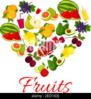 Icône coeur de fruits avec des icônes de fruits frais et de baies. Éléments vectoriels de fruits frais de ferme juteux et jus de fruits de pastèque, raisin, prune, avocat, Illustration de Vecteur