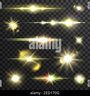 Ensemble de lumières étoiles dorées brillantes. Faisceaux lumineux vectoriels scintillants avec effet d'éclat de lentille. Étoiles dorées étincelantes et scintillantes avec des flous sur trans Illustration de Vecteur