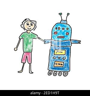 Illustration naïve, dessin d'enfants, un garçon et un robot secouer les mains, Autriche Banque D'Images