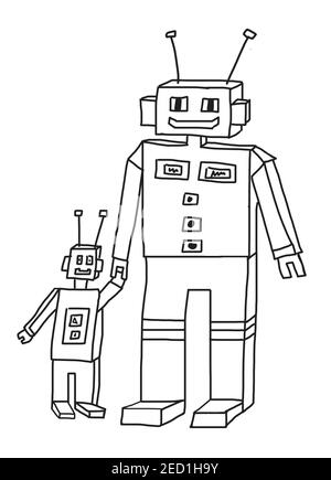 Illustration naïve, dessin d'enfants, famille de robots, Autriche Banque D'Images