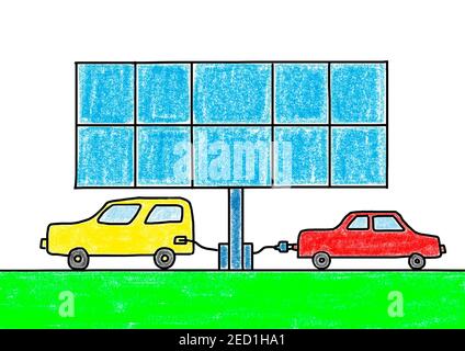 Illustrations naïves, dessin d'enfants, voiture E à la station de remplissage électrique avec système photovoltaïque, panneaux solaires, Autriche Banque D'Images