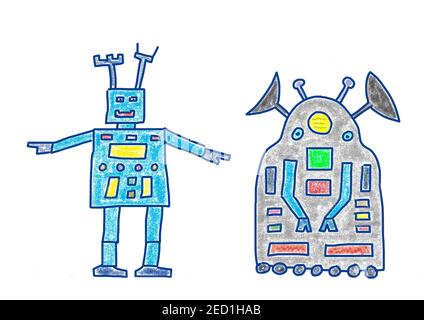 Illustration naïve, dessin d'enfants, deux robots, Autriche Banque D'Images