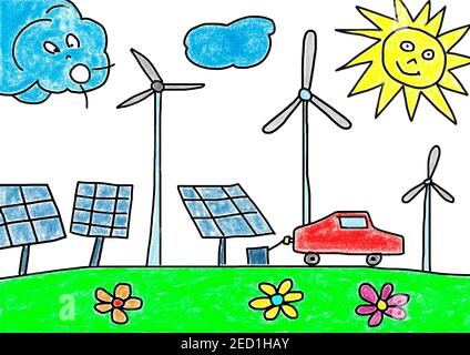 Illustrations naïves, dessin d'enfants, voiture E à la station de remplissage électrique avec éolienne et panneaux solaires, système photovoltaïque, Autriche Banque D'Images