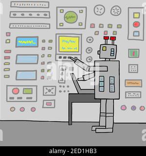 Illustration naïve, dessin d'enfants, robot travaillant dans un centre de contrôle informatique, Autriche Banque D'Images