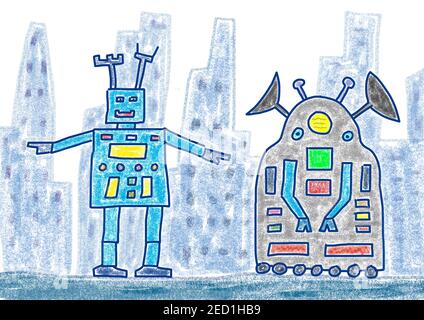 Illustration naïve, dessin d'enfants, deux robots debout devant le gratte-ciel, Autriche Banque D'Images