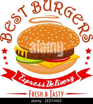 Emblème Burger. Étiquette « Best Burgers fast food ». Délicieux côtelette de viande avec fromage, légumes et pain croustillant. Ruban rouge pour carte de menu fast food, Illustration de Vecteur