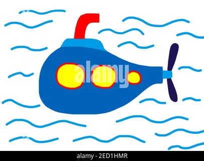 Illustration naïve, dessin d'enfants, sous-marin coloré, Autriche Banque D'Images