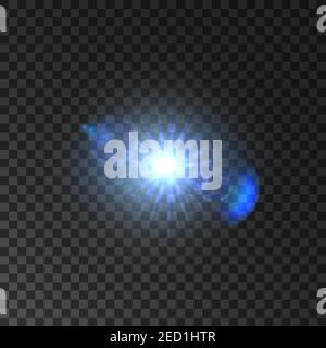 Lumière éclatante de l'étoile avec effet d'éclat de l'objectif. Flash lumineux bleu de spot avec faisceaux lumineux. Lumière étincelante sur une bouteille transparente Illustration de Vecteur