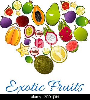 Icônes de fruits exotiques en forme de coeur. Emblème vectoriel de fruits tropicaux motif papaye, mangue, carambola, feijoa, fruit de la passion maracija, fruit du dragon Illustration de Vecteur