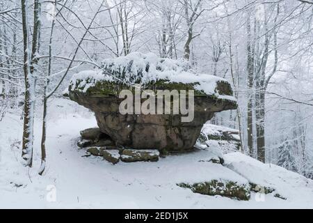 Formation rocheuse Teufelstisch en hiver avec neige, Grosser Waldstein, Fichtelgebirge, haute-Franconie, Franconie, Bavière, Allemagne Banque D'Images