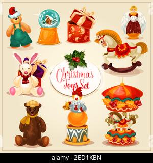 Ensemble cadeau et jouet de Noël. Boîte cadeau avec noeud en ruban, ours en peluche, boule de neige de Noël, cheval à bascule, poupée ange, lapin, clown et carrousel avec cheval Illustration de Vecteur