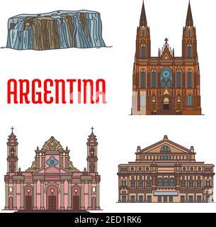 Sites touristiques et sites touristiques de l'Argentine. Vecteur icônes détaillées des façades d'architecture de la Cathédrale de la Plata, Teatro Colon, Cath Illustration de Vecteur