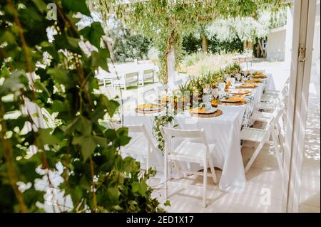 Haut angle de table élégante servi avec des compositions de citrons et vaisselle vide préparée pour banquet dans le jardin d'été Banque D'Images