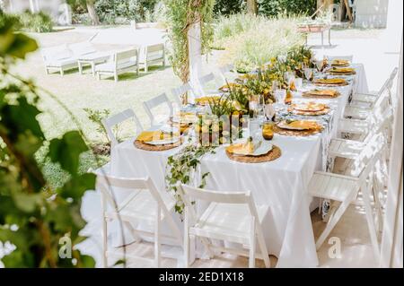 Haut angle de table élégante servi avec des compositions de citrons et vaisselle vide préparée pour banquet dans le jardin d'été Banque D'Images