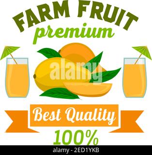 Mangue. Emblème du jus de fruits exotiques haut de gamme. Symbole vectoriel de fruits de mangue juteux entiers et mi-coupés avec un verre de jus de mangue frais. Label café, vegan Illustration de Vecteur