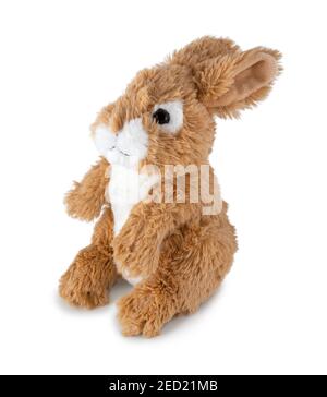 Jolie poupée de lapin isolée sur fond blanc avec ombre. Lapin marron espiègle sur un fond blanc. Peluche Lièvre peluche peluche marionnette pour les enfants. Banque D'Images