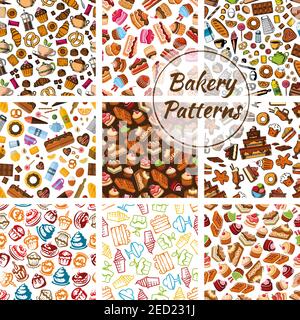 Pain de boulangerie, pâtisseries, pâtisseries, motifs de bonbons. Motif vectoriel sans couture de pain et desserts. Pain de blé, bagel de seigle, gâteau, gâteau, muffin, b Illustration de Vecteur