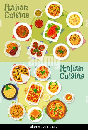 Cuisine italienne, pâtes et pizzas, plats ICON avec jambon, champignons, crevettes et pâtes de poisson, pizza aux fruits de mer, tomates et mozzarella, lasagnes, spaghet Illustration de Vecteur