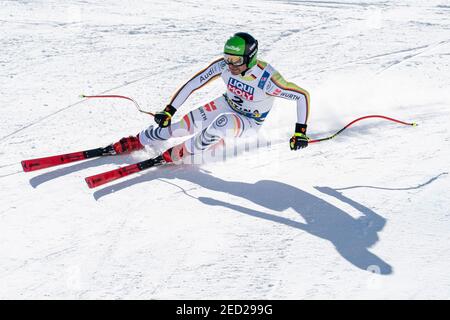 Cortina d'Ampezzo, Italie 14 février 2021: SANDER Andreas, d'Allemagne, prend la 2ème place lors des CHAMPIONNATS DU MONDE alpin FIS 2021 descente des hommes sur le parcours de Vertigine dans la chaîne de montagnes de dolomite. Credit: MAURO DALLA POZZA/Alamy Live News Banque D'Images