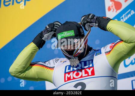 Cortina d'Ampezzo, Italie 14 février 2021: SANDER Andreas, d'Allemagne, prend la 2ème place lors des CHAMPIONNATS DU MONDE alpin FIS 2021 descente des hommes sur le parcours de Vertigine dans la chaîne de montagnes de dolomite. Credit: MAURO DALLA POZZA/Alamy Live News Banque D'Images