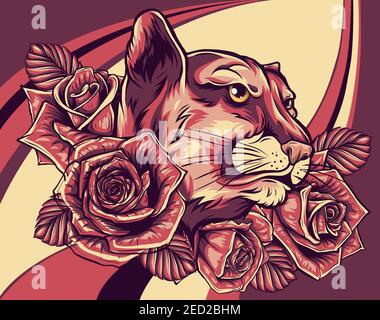 illustration vectorielle de la tête de puma rugissante et des roses Illustration de Vecteur
