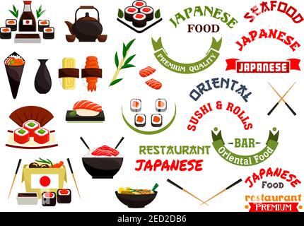 Étiquettes vectorielles de cuisine japonaise, rubans pour restaurant de fruits de mer orientaux, étiquette de carte de menu de bar à sushis, emblème de tableau d'affichage. Sushi à isolation vectorielle, stéame Illustration de Vecteur