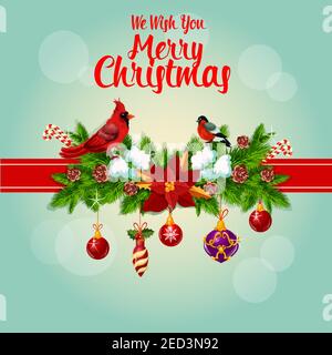 Carte de vœux de Noël à nouer avec des oiseaux cardinaux rouges, ruban et décorée de houx de noël, de pin, d'arc de guirlande de sapin, de boules d'ornements de noël Illustration de Vecteur