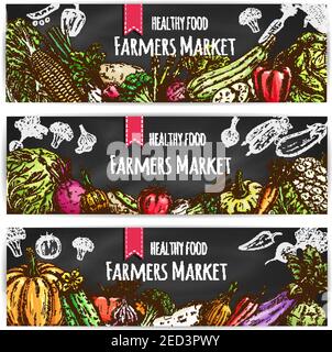 Légumes du marché agricole. Banderoles végétariennes pour aliments sains. Faites un croquis au craie de la citrouille et du chou végétaux, de l'oignon et du brocoli, du poivre et du concombre, à Illustration de Vecteur