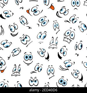 Visage et smiley Schéma sans couture d'émoticône de dessin animé avec différentes expressions du visage. Souriant heureux, peur, surpris, en colère, triste, excité, confus Illustration de Vecteur