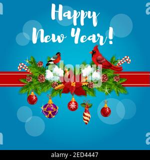 Carte de vœux du nouvel an, affiche attachée avec des oiseaux cardinaux rouges, ruban et décorée de houx de noël, de pin, d'arc de guirlande de sapin, de boules et de poinsettia Illustration de Vecteur