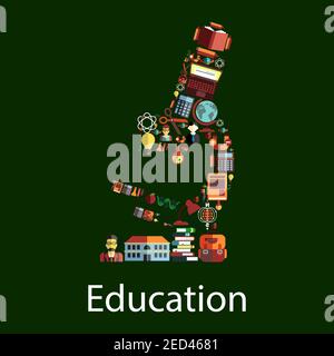 Symbole du microscope avec icônes d'éducation. École et livre, crayon, globe, étudiant, ordinateur, calculatrice et sac à dos, pomme et ballon, ciseaux et atome Illustration de Vecteur
