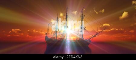 illustration du rendu 3d de l'ancien navire au coucher du soleil en mer Banque D'Images