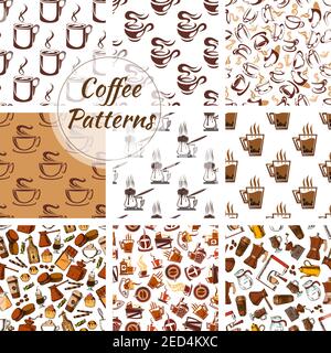 Ensemble de motifs de café : grains de café vectoriels, tasse, moulin à café, moka, cappuccino, cafetière, cafetière turc, symbole du moulin, moulin à café. Backgrou sans couture Illustration de Vecteur