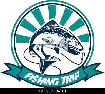 Icône du tour de pêche. Grand panneau vecteur de thon avec cannes à pêche, poisson, ruban. Badge cercle de club de sport aventure pêcheur Illustration de Vecteur