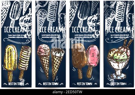 Dessin de craie de crème glacée sur le tableau noir. Banderoles vectorielles avec assortiment de crèmes glacées dans un bol en verre, sesquimau vanille et sundae au chocolat glacé Illustration de Vecteur