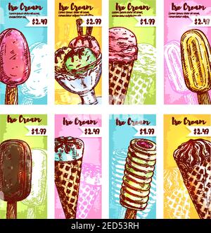 Bannières de prix de la crème glacée. Étiquettes de prix pour les desserts. Assortiment de crèmes glacées à croquis vectoriel de boules dans un bol en verre, eskimo vanille, sundae au chocolat glacé, Illustration de Vecteur