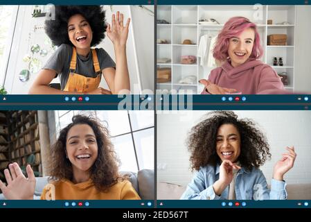 Des amis multiculturels divers des femmes sur vidéo de groupe conférence en ligne appel. Banque D'Images