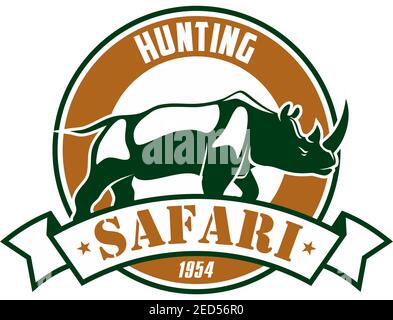 Emblème du club de chasse Safari. Symbole ou icône du club d'aventure du sport de chasse avec rhinocéros. Icône de cercle rond ou badge Vector isolé avec rhinocéros africains Illustration de Vecteur