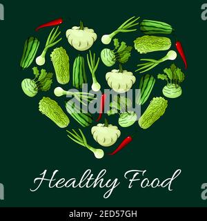 Légumes en forme de coeur. Affiche végétarienne de nutrition saine avec légumes verts et légumes frais crus de chou, courgettes et courges Illustration de Vecteur