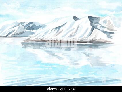 Paysage arctique avec glacier. Arrière-plans avec espace de copie. Illustration aquarelle dessinée à la main Banque D'Images
