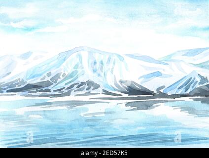 Paysage arctique et glacier. Arrière-plans avec espace de copie. Illustration aquarelle dessinée à la main Banque D'Images