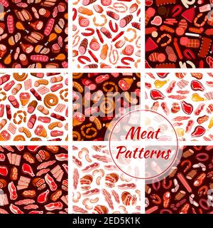 Ensemble de motifs de viande. Vecteur fond sans couture de boucherie frais charcuterie charcuterie de viande saucisses, bacon de jambon, beefsteak, schnitzel, salami et pepperoni Illustration de Vecteur