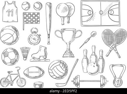 Articles isolés d'esquisse de sport. Ballons vectoriels et équipement sportif. T-shirt de basket-ball, drapeau à damier, balles de tennis, shuttlecock et raquettes, jeu s. Illustration de Vecteur