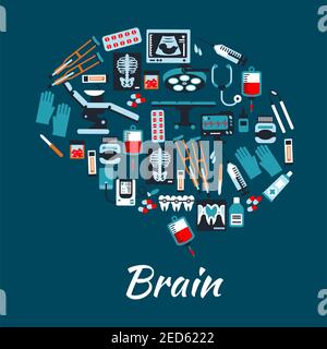 Arrière-plan de la plaque médicale en forme de cerveau. Symboles vectoriels et icônes de l'équipement de soins de santé et de thérapie chaise de dentiste, tonomètre, opération chirurgicale t Illustration de Vecteur