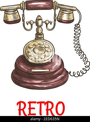 Téléphone rétro ancien avec récepteur, cadran, câble. Téléphone antique à croquis de couleur vectorielle Illustration de Vecteur