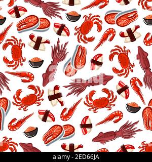 Plats de fruits de mer fond sans couture avec steak de saumon, sushis de thon et de palourdes nigiri, crabe, crevettes, caviar rouge salé et calmar. Japonais et medi Illustration de Vecteur