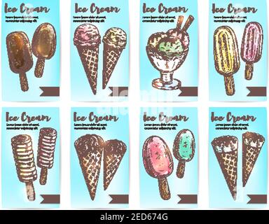 Le menu de crème glacée comprend des banderoles à croquis avec des cônes de glace à la fraise et à la vanille, une barre de chocolat sur bâton, une popsicle aux fruits et un dessert sundae surmontée d'une wi Illustration de Vecteur